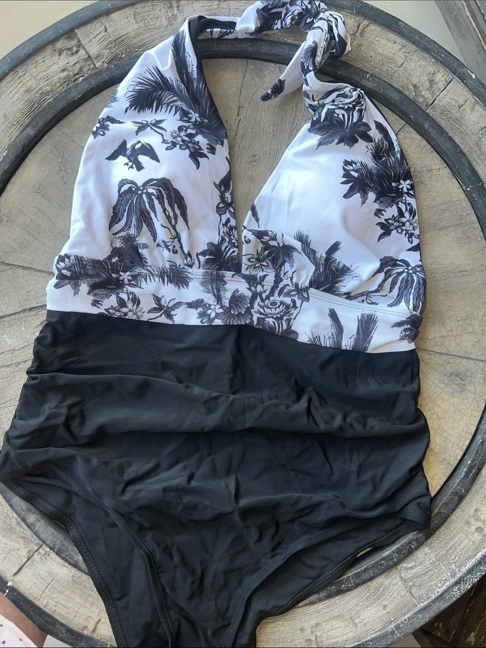 Black & White Floral Halter One-Piece Swimsuit XL B43